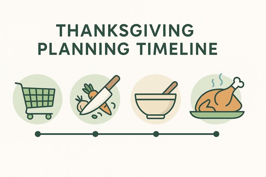 An illustration outlining a Thanksgiving planning timeline with four steps: shopping cart, chopping vegetables, mixing in a bowl, and serving a roasted turkey.