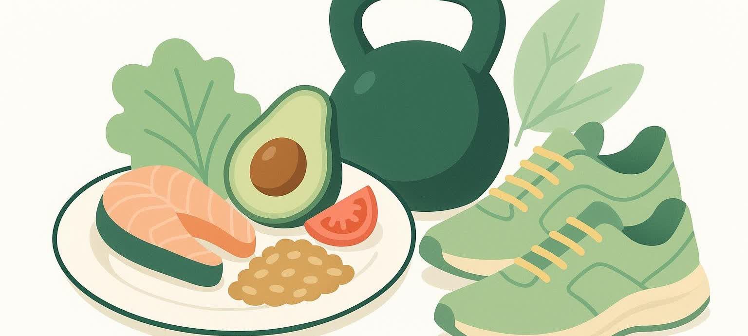 An illustration depicting a healthy lifestyle, featuring a plate with salmon, avocado, beans, and lettuce, alongside a dark green kettlebell and a pair of light green sneakers with yellow laces.