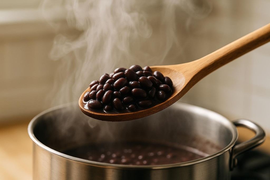 A wooden spoon holds a serving of cooked black beans, glistening with moisture, held above a steaming pot of more black beans. The steam rises visible from the pot in the background.
