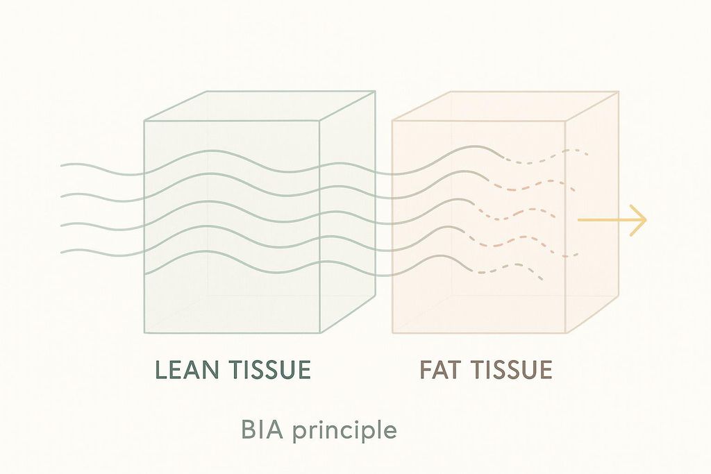 Abstract diagram illustrating the Bioelectrical Impedance Analysis (BIA) principle, where electrical current travels easily through a translucent green box labeled "LEAN TISSUE" and with difficulty through a translucent orange box labeled "FAT TISSUE", signified by dashed lines within the orange box.