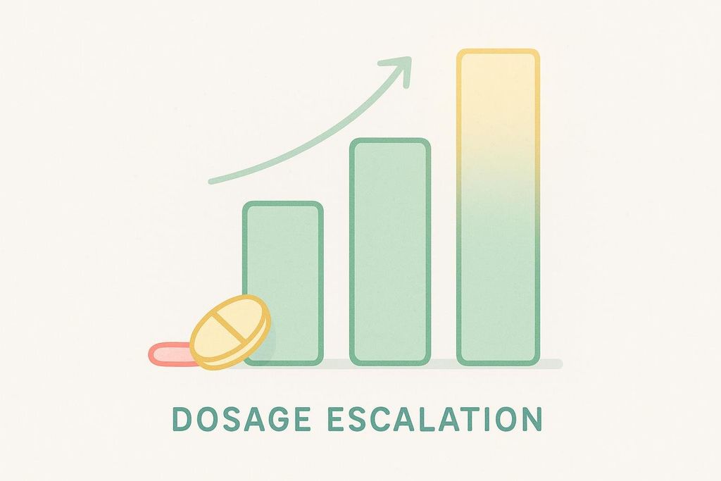 Illustration showing two pills next to three increasing bars. A curved arrow rises from the first bar to the top of the third. The text below reads 'DOSAGE ESCALATION'.