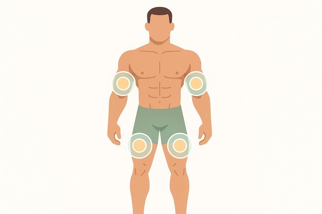 An illustration of a male torso and legs, with four circular tracking zones highlighted on the elbows and knees. The figure is light-skinned and muscular.
