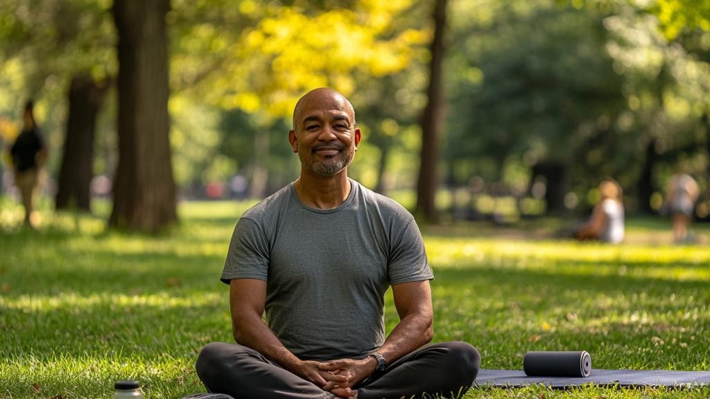 A man sits cross-legged on a yoga mat in a park, smiling at the camera. He has short gray hair and stubble. Trees and other people are out of focus in the background.