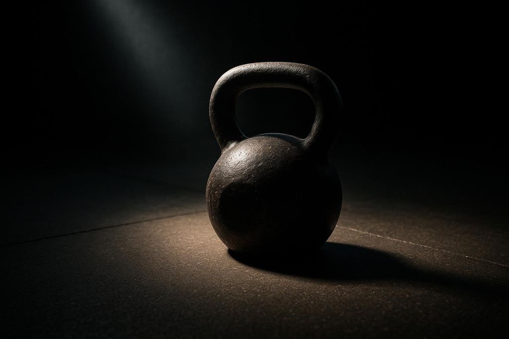 A heavy, dark gray kettlebell sits on a dark gym floor, dramatically lit by a beam of light from above.