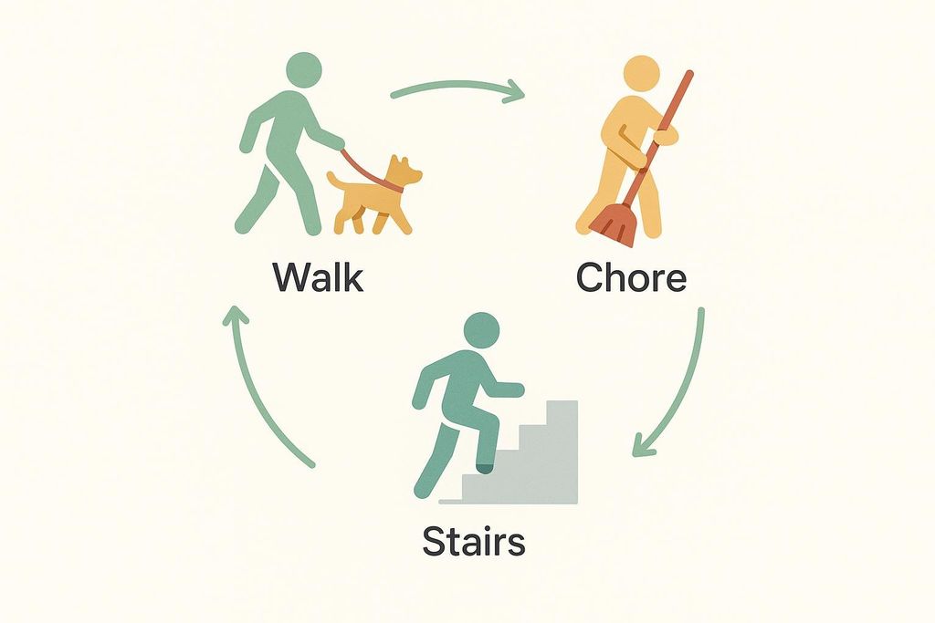 A diagram illustrating daily activities categorized as NEAT (Non-Exercise Activity Thermogenesis). The three activities shown are: a person walking a dog, representing 'Walk'; a person sweeping with a broom, representing 'Chore'; and a person walking up stairs, representing 'Stairs'. Green arrows indicate a cyclical relationship between these activities.
