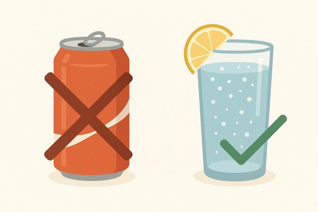 An illustration comparing a soda can with a red 'X' over it to a glass of sparkling water with lemon and a green checkmark, representing a smart and healthy drink swap.