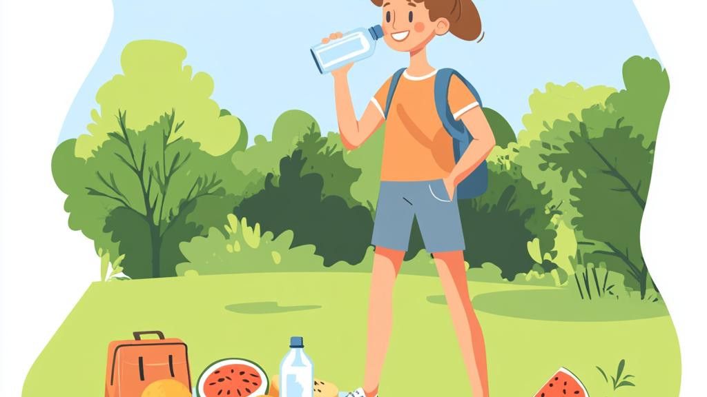 A cartoon illustration of a girl with a backpack drinking water in a park with trees and picnic food.