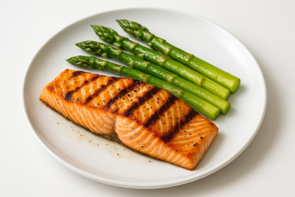 A perfectly grilled salmon fillet with distinct char marks, accompanied by a row of vibrant green asparagus spears, all presented on a plain white plate.