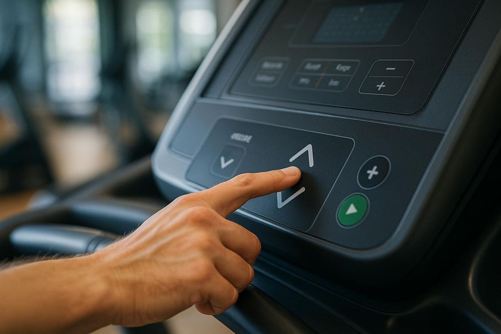 A hand pressing the up arrow button to adjust the incline on a treadmill console.