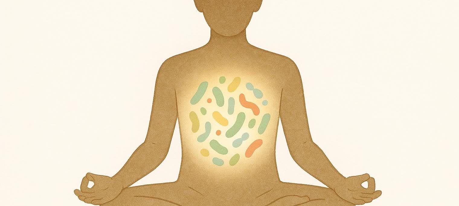Illustration of a person meditating in lotus position, with a glowing inner torso filled with colorful, healthy gut microbiome bacteria.