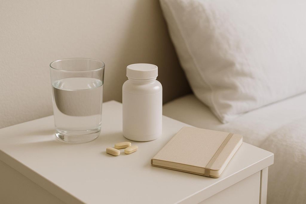 A beige bedside table with a glass of water, a white supplement bottle, three light-colored pills, and a small beige journal with an elastic band. A white pillow is visible in the background.