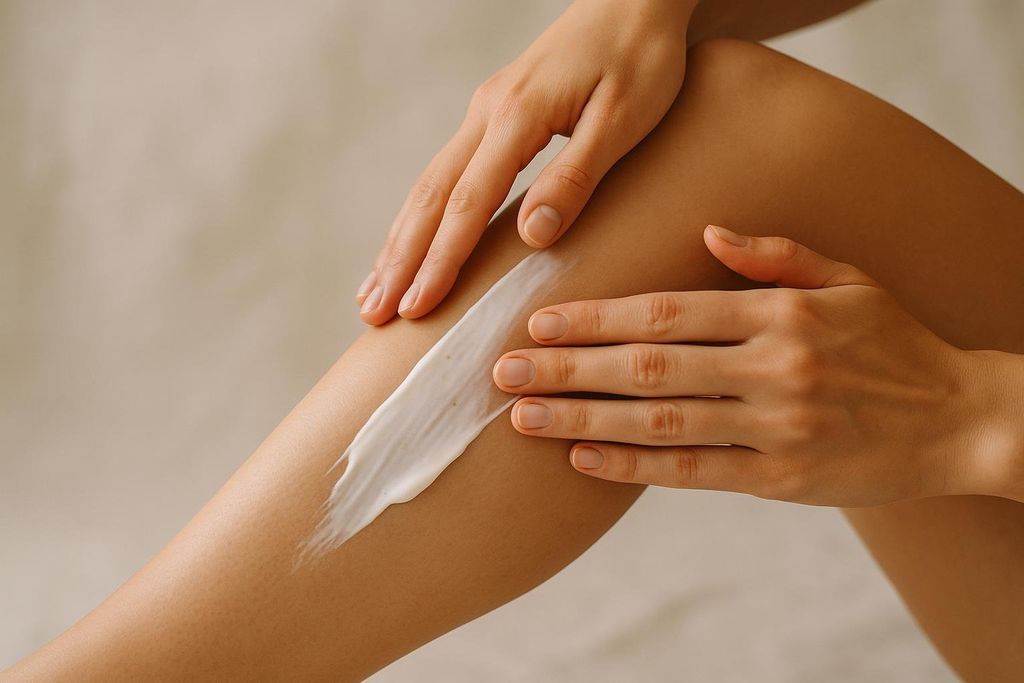 Close-up of a person's hands applying a thick white lotion or cream to their leg, likely for moisturizing or muscle relief. The lotion is spread in a streak down the calf.