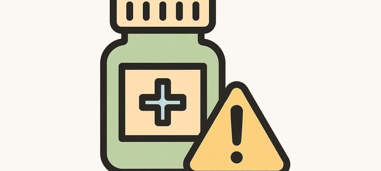 An abstract illustration depicting a medicine bottle with a plus sign next to a yellow triangular warning sign, implying caution or medical alert.