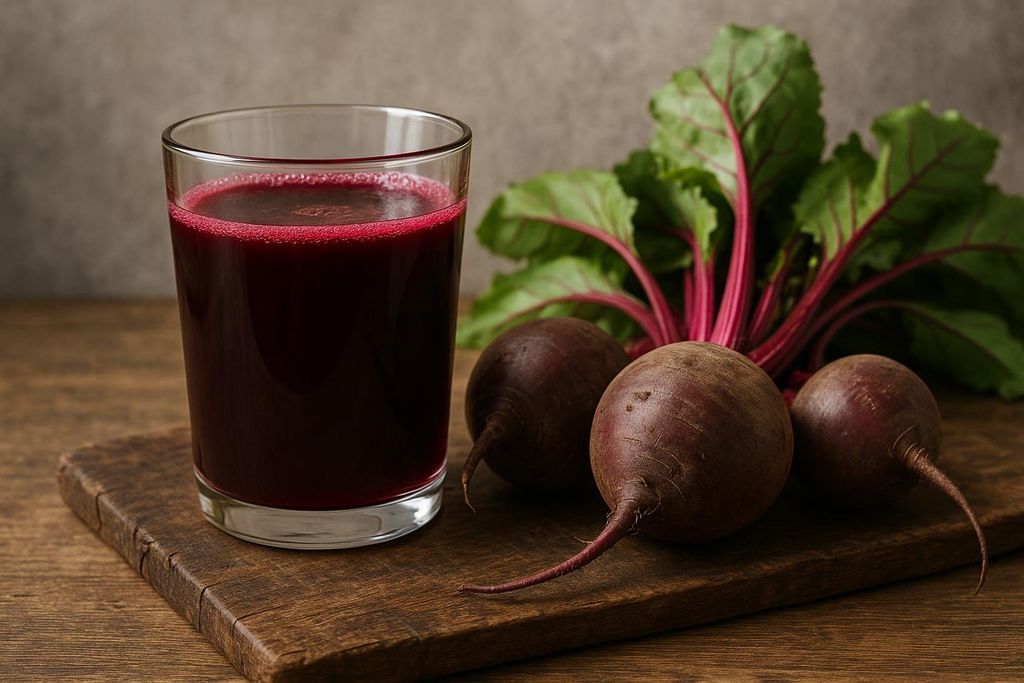 A glass of vibrant red beetroot juice rests on a wooden cutting board, next to three whole beets with their green and red leafy tops attached.