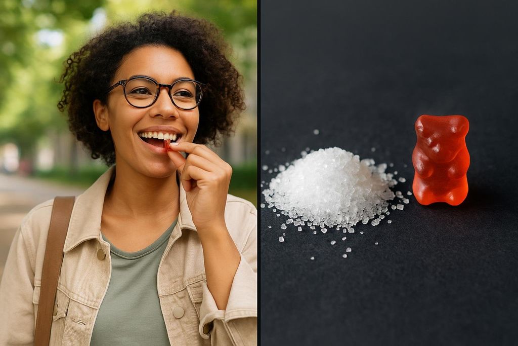 A split-screen image showing the pros (convenience, represented by a smiling woman eating a gummy) and cons (added sugar, represented by a gummy bear next to a pile of sugar) of ACV gummies.