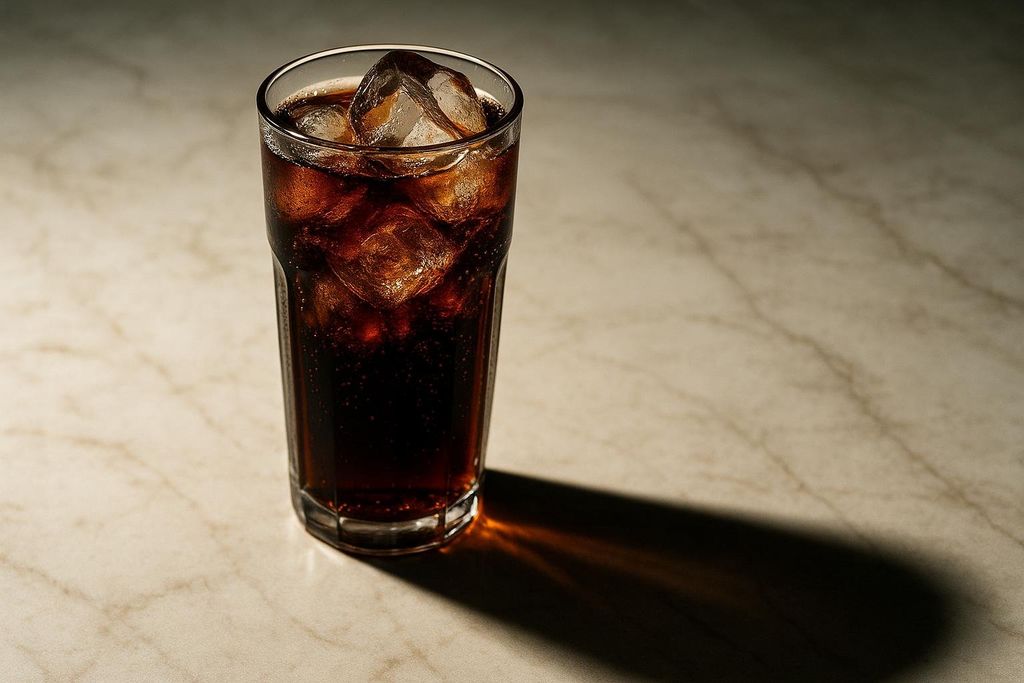 A diet soda glass casting a long imposing shadow on a light marble table.