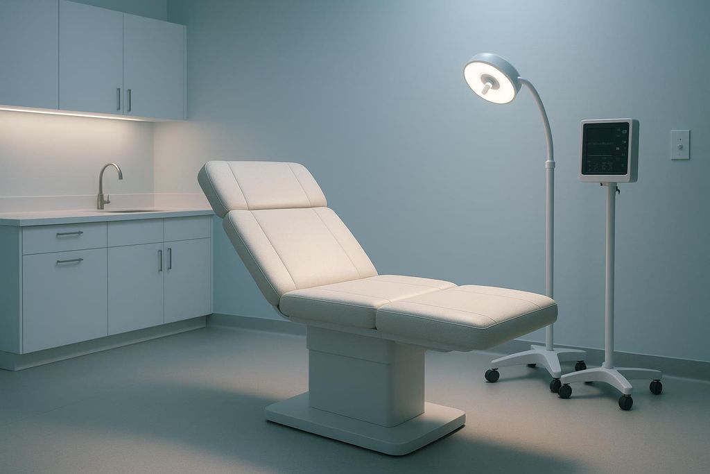 A clean, modern clinical examination room with a white adjustable examination bed, a sink with cabinets, a floor lamp, and a medical device on a stand.