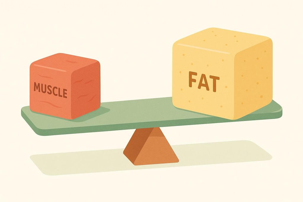 An illustration depicting a balance beam with a small reddish-brown cube labeled 'MUSCLE' on one side and a larger yellow cube labeled 'FAT' on the other. The beam is tipped down on the muscle side, demonstrating that muscle is denser than fat, meaning a smaller volume of muscle weighs more than a larger volume of fat.