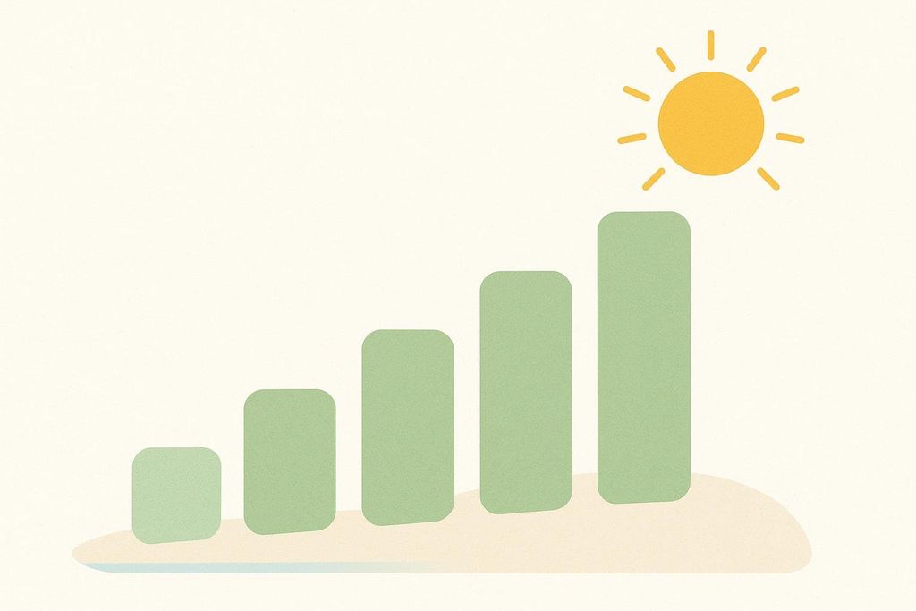 A stylized image of four green bars of increasing height, resembling a bar chart, set against a light background with a yellow sun icon radiating above the tallest bar.