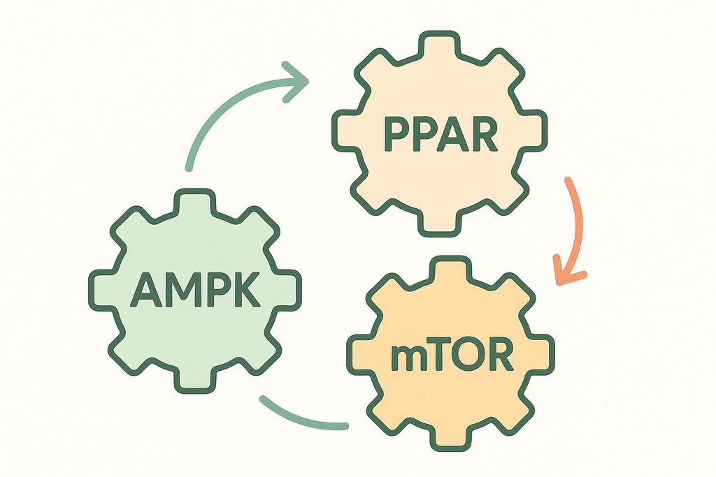 Abstract illustration of interconnected nodes labeled AMPK, PPAR, and mTOR, representing metabolic pathways.