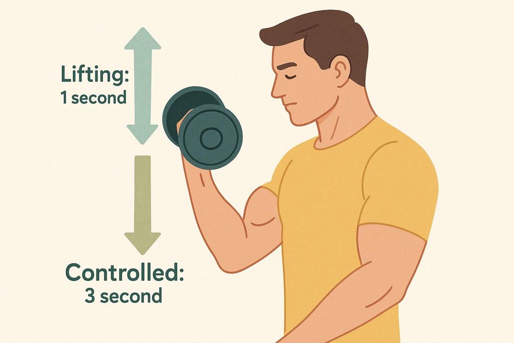 An illustration demonstrating exercise tempo, with arrows indicating a 1-second lifting phase and a slower, controlled 3-second lowering phase for a bicep curl.
