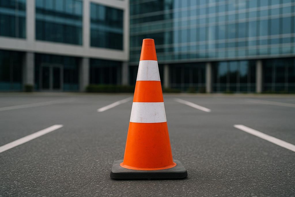 A close-up of a single orange traffic cone with white reflective stripes, positioned in the middle of a paved parking space. In the blurred background, a modern building with large glass windows is visible.