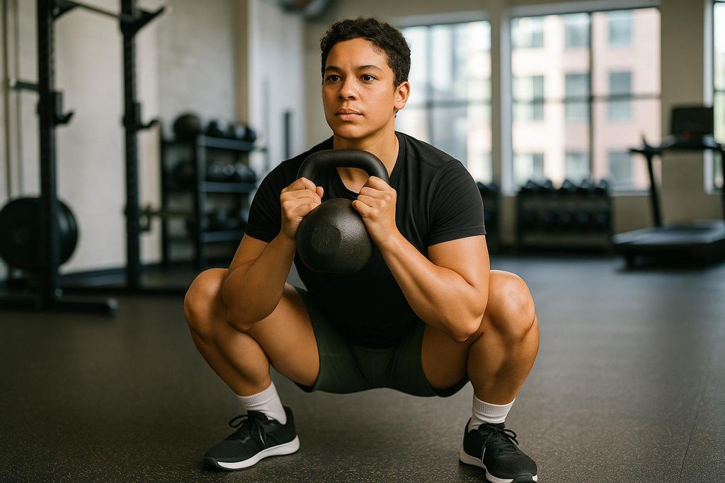 A person in a black t-shirt and dark shorts performs a kettlebell goblet squat, holding the kettlebell against their chest in a gym setting. They are looking straight ahead with a focused expression.