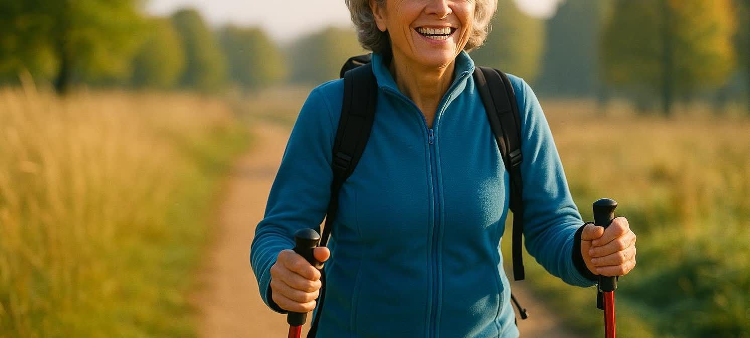 A smiling older woman in a blue jacket and backpack, using hiking poles on a trail through a grassy field. Her gray hair is visible, and the background shows trees and sunlight.