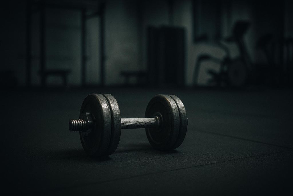 A close-up of a single dumbbell resting on a black gym floor in dark, muted lighting, with a blurred background showing the outlines of gym equipment.