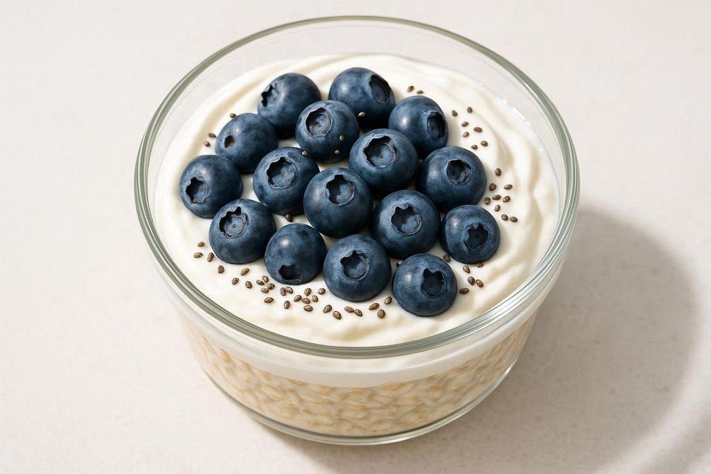 A clear glass bowl filled with overnight oats, topped with creamy yogurt, fresh blueberries, and a sprinkle of chia seeds. The meal is an example of a protein and fiber-rich breakfast.