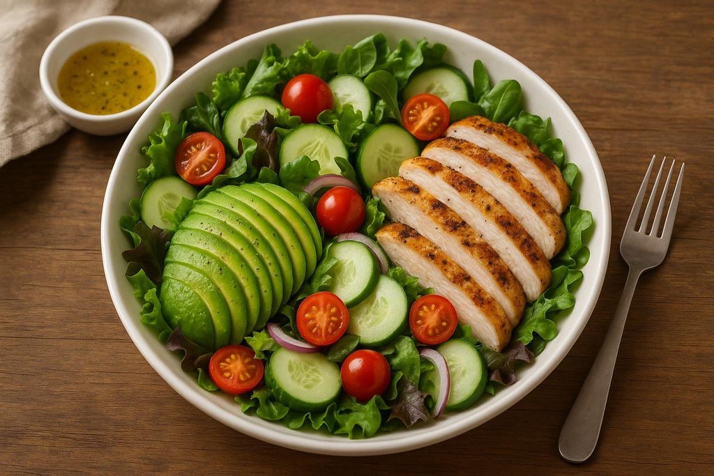 A vibrant and healthy salad with sliced grilled chicken breast, fanned avocado, cucumber slices, cherry tomatoes, and red onion on a bed of mixed greens, served with a side of vinaigrette dressing and a fork.