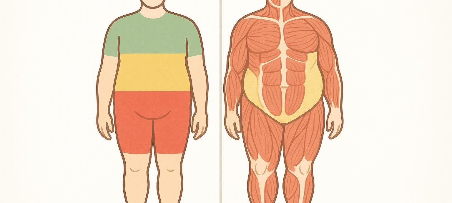 Stylized human figures illustrating the difference between simplistic BMI categories and detailed body composition analysis showing muscle and fat distribution.