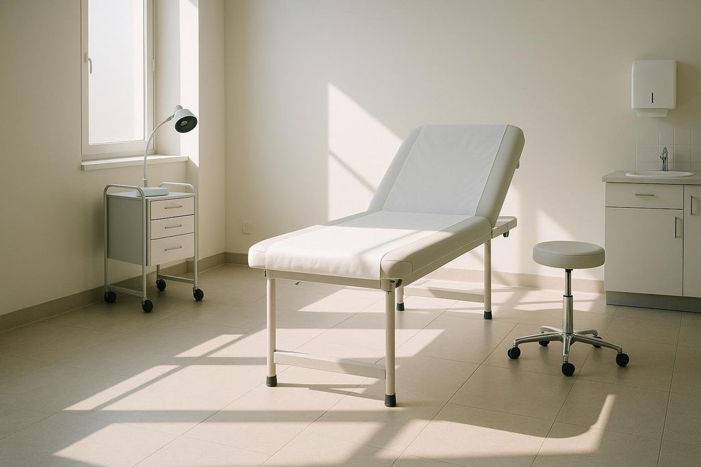 A clean, empty medical examination room with a white examination table, a rolling cabinet with a lamp, a swivel stool, and a sink with a paper towel dispenser on the far wall. Sunlight streams in through a window on the left, casting shadows across the tiled floor.