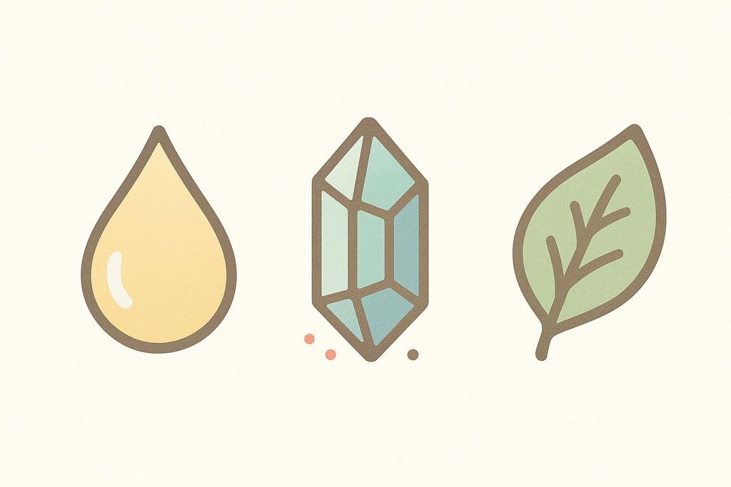 Three minimalist icons depicting different forms of sweeteners: a yellow drop for liquid, a crystalline blue structure for crystal, and a green leaf for plant-based.