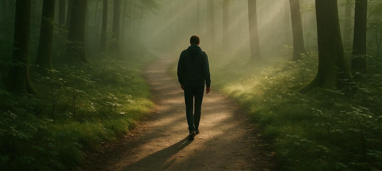 Person walking through a peaceful forest to reduce stress