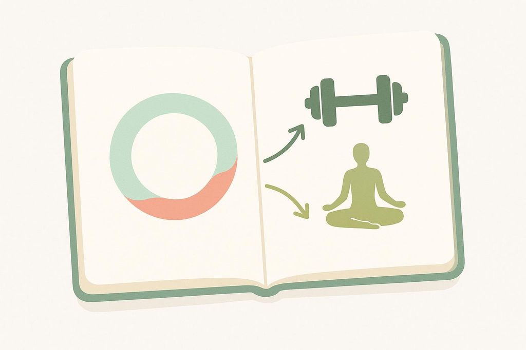 An illustration of an open journal with symbols representing workout intensity adjusted according to phases of a hormonal cycle. On the left page is a circular chart with parts colored in light blue-green and coral. On the right page, an arrow points from the center of the page to a dark green dumbbell icon, and another arrow points from the center to a light green silhouette of a person in a yoga pose.