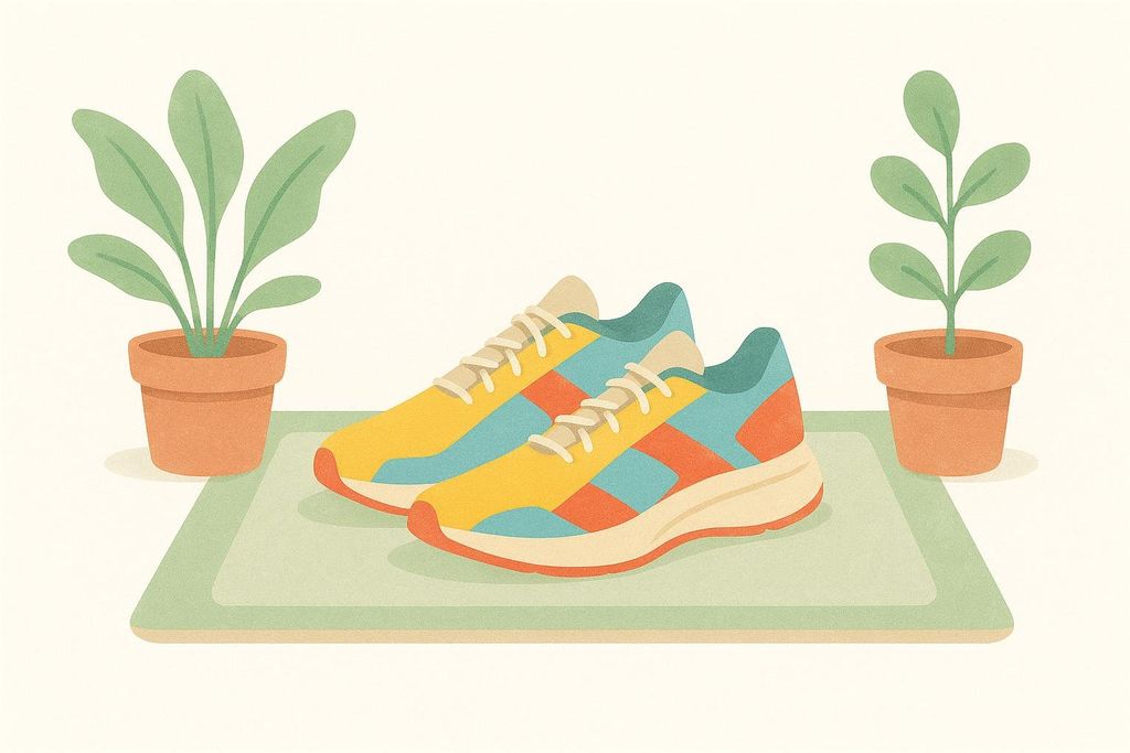 An illustration of a pair of colorful running shoes, primarily yellow, blue, and orange, positioned on a light green mat. Two potted plants, one on each side of the mat, frame the shoes against a cream background.