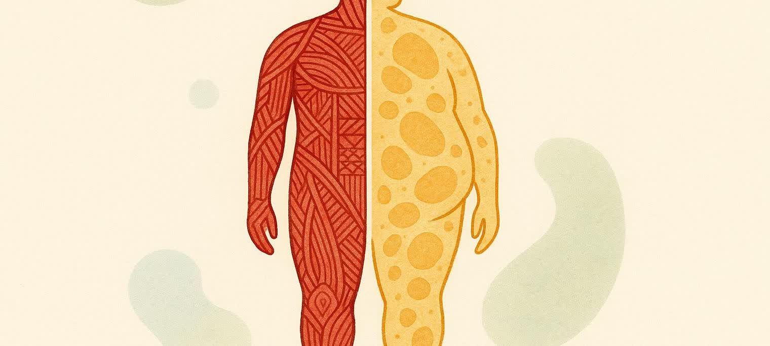 Illustration showing half a human silhouette as dense muscle and the other half as less dense fat, highlighting volume and composition differences.