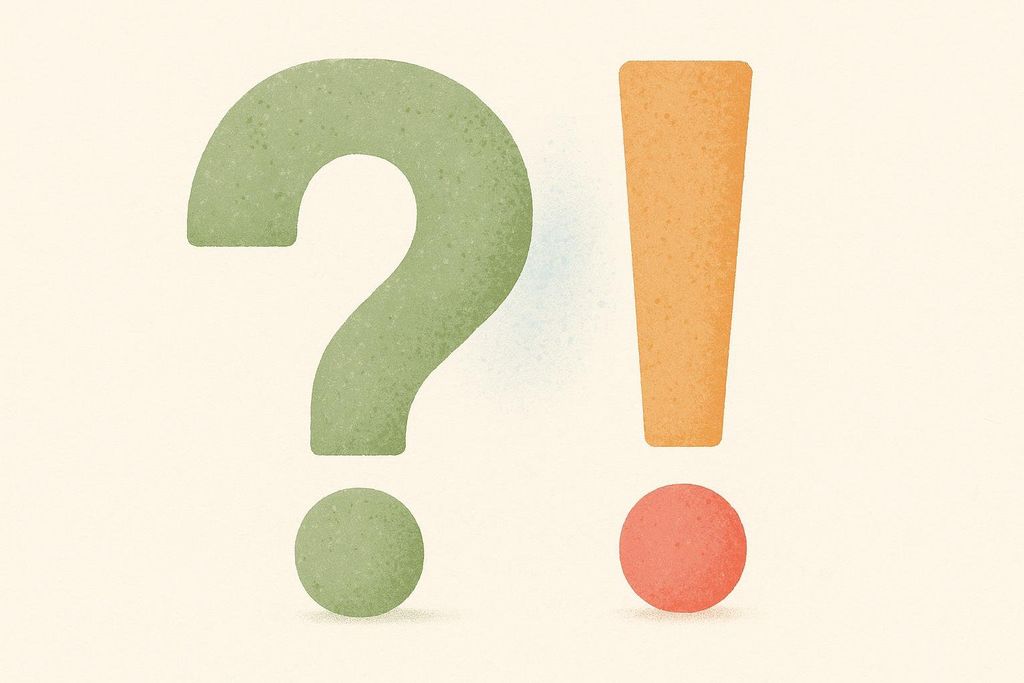 A minimalist graphic depicting a large green question mark standing next to a large orange exclamation point, symbolizing the contrast between myths and facts.