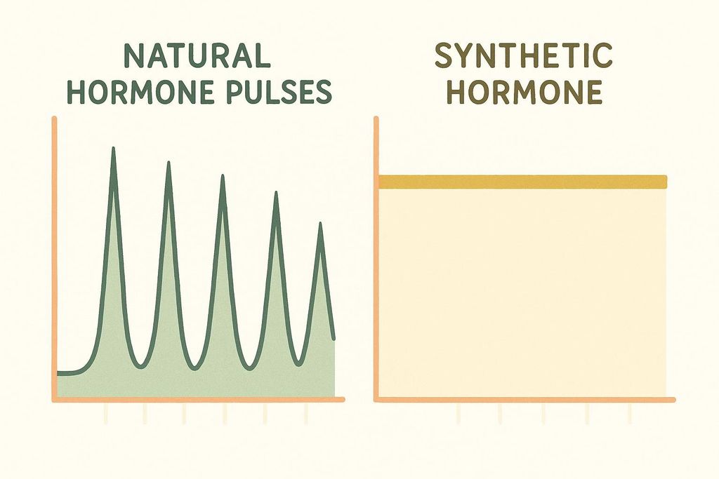 Two graphs side-by-side. The left graph, labeled 'Natural Hormone Pulses', shows a green area with several distinct, regular peaks and valleys, illustrating pulsatile release. The right graph, labeled 'Synthetic Hormone', shows a flat, constant yellow area, indicating a sustained, steady release level.