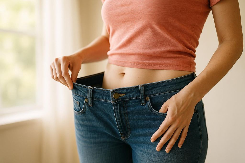 A person pulls out the loose waistband of their jeans to show the significant space between their body and the denim. Their abdomen is visible, and the jeans are noticeably too large, suggesting weight loss or body composition change.