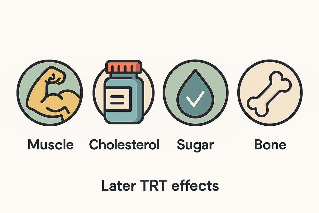 Icons for muscle gain, cholesterol improvement, sugar control, and bone density