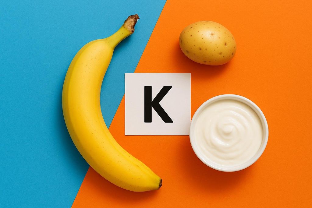 An overhead shot of potassium-rich foods including a banana, a whole potato, and a bowl of yogurt. A white card with a black K, the symbol for potassium, is placed in the center. The background is split diagonally, with blue on the left and orange on the right.
