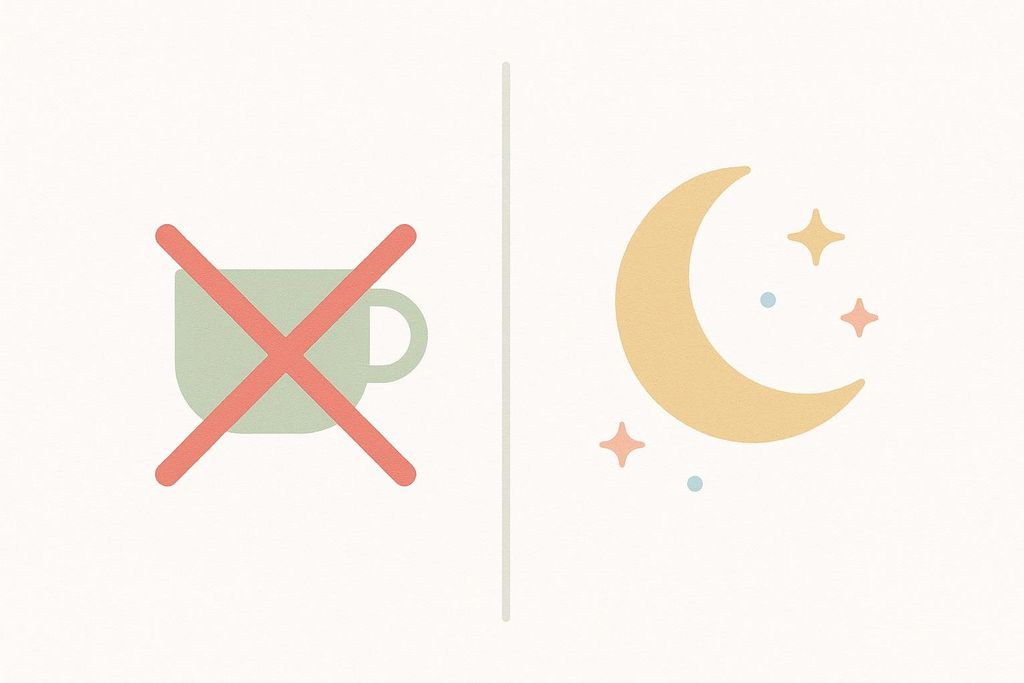 An icon with a crossed-out coffee cup on the left and a moon and stars on the right, symbolizing avoiding caffeine before bedtime for better sleep.