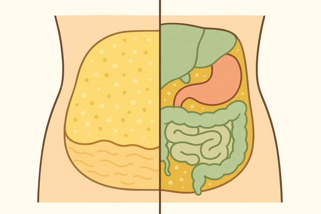 A diagram comparing subcutaneous fat (under the skin) with visceral fat (around the organs) in an abdominal cross-section. The left side shows mostly fat with wavy lines at the bottom implying the skin layer, while the right side shows internal organs like the liver, stomach, and intestines surrounded by fat.