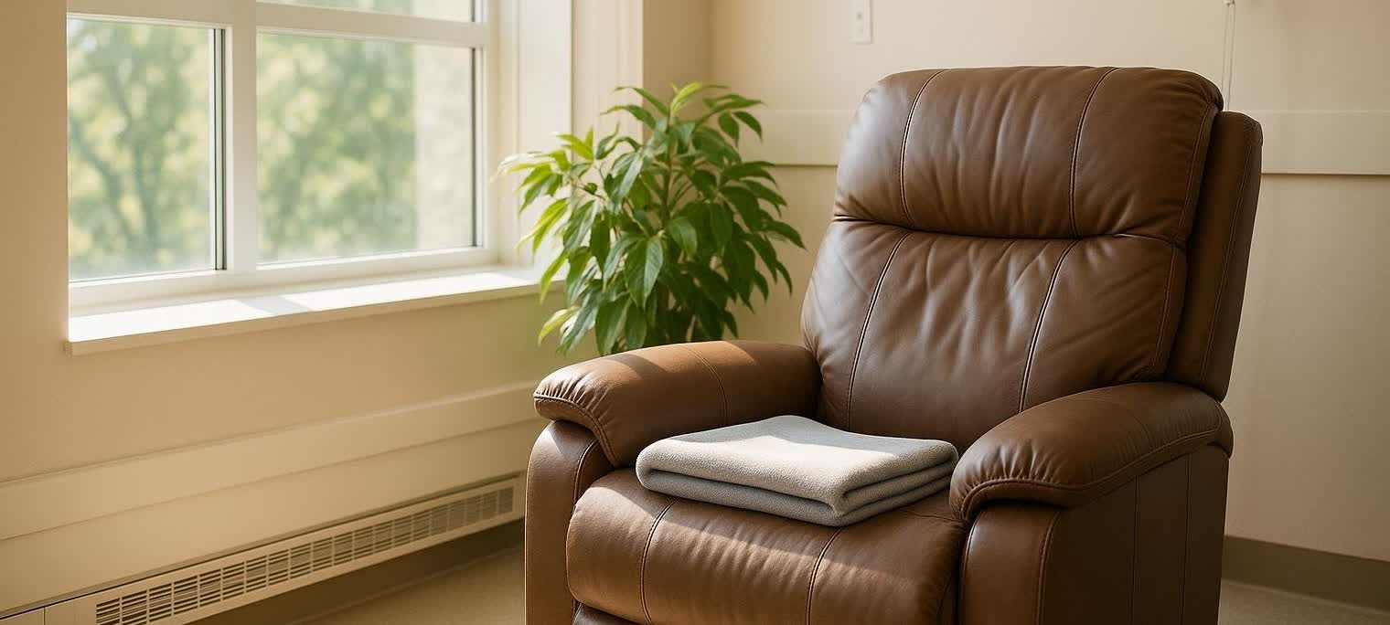 A comfortable clinical room with a plush brown leather recliner, a folded grey blanket on its arm, and a plant next to a window providing natural light.