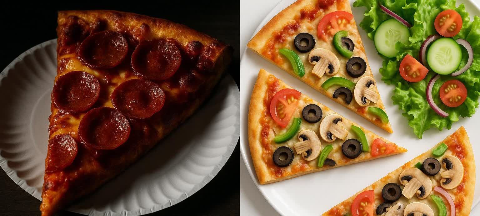A side-by-side comparison of an unhealthy deep-dish pepperoni pizza slice on a paper plate and a healthier option of thin-crust veggie pizza slices with mushrooms, olives, and bell peppers, served on a white plate with a side salad.