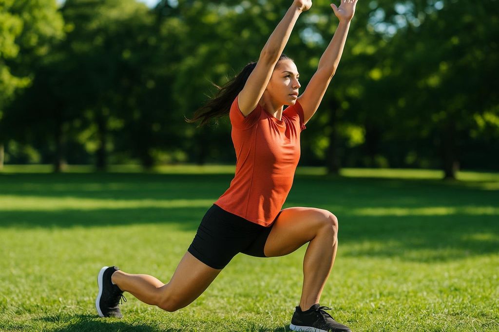 A female runner in an orange shirt and black shorts performing a reverse lunge with an overhead reach on a grassy field, as part of a dynamic warm-up. Trees are visible in the blurred background.