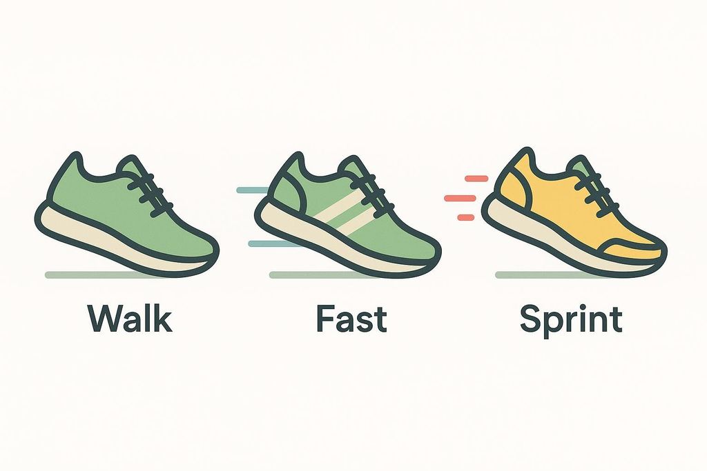 Three athletic shoe icons illustrating different running intensities: 'Walk' shows a green shoe with no motion lines. 'Fast' shows a green shoe with blue motion lines behind it. 'Sprint' shows a yellow shoe with red motion lines behind it, indicating highest speed.