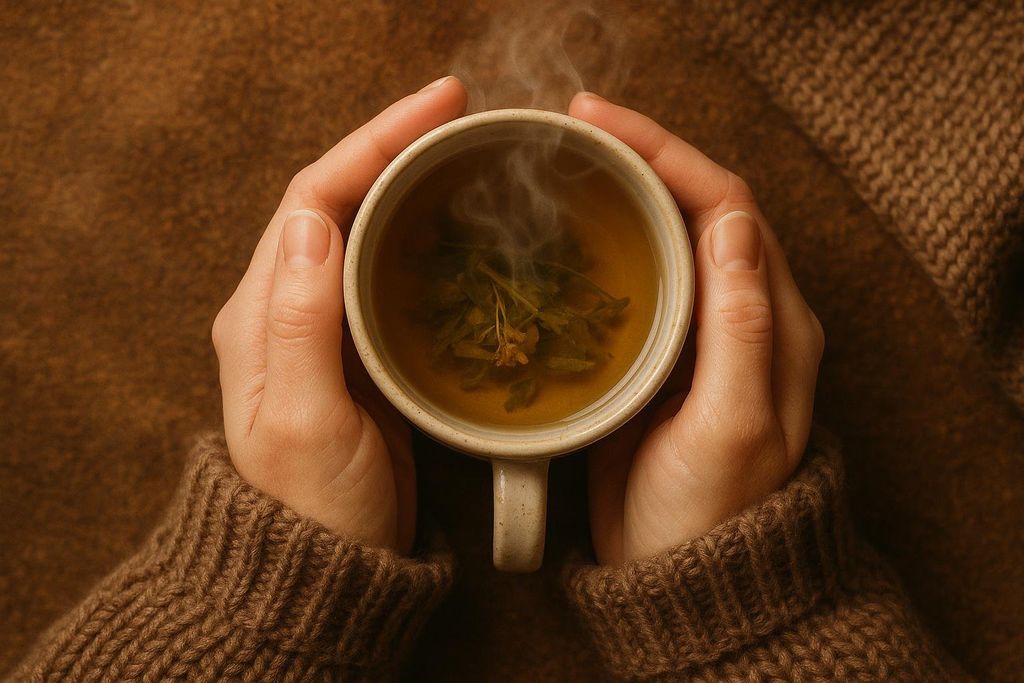 Close-up overhead view of hands wearing a brown knitted sweater holding a steaming mug of herbal tea with visible herbs inside, against a warm brown background. The steam rises gently from the tea, suggesting warmth and comfort.